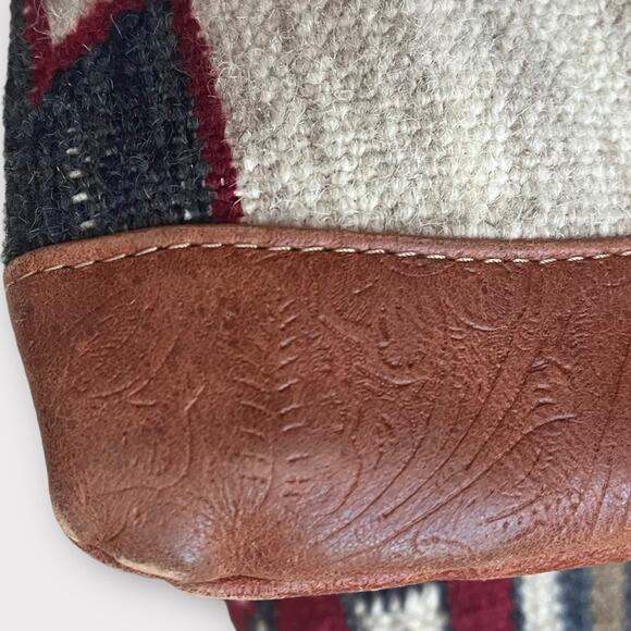 Southwestern Kelim Saddle Blanket Woven Tote Bag Purse Tooled Leather Trim - Picture 11 of 11